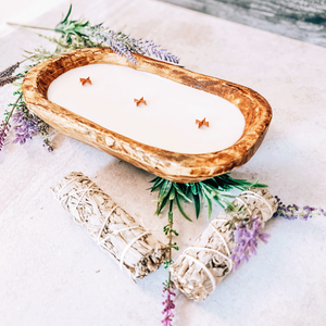 Lavender and white sage 3 Wick Candle in a wood dough bowl